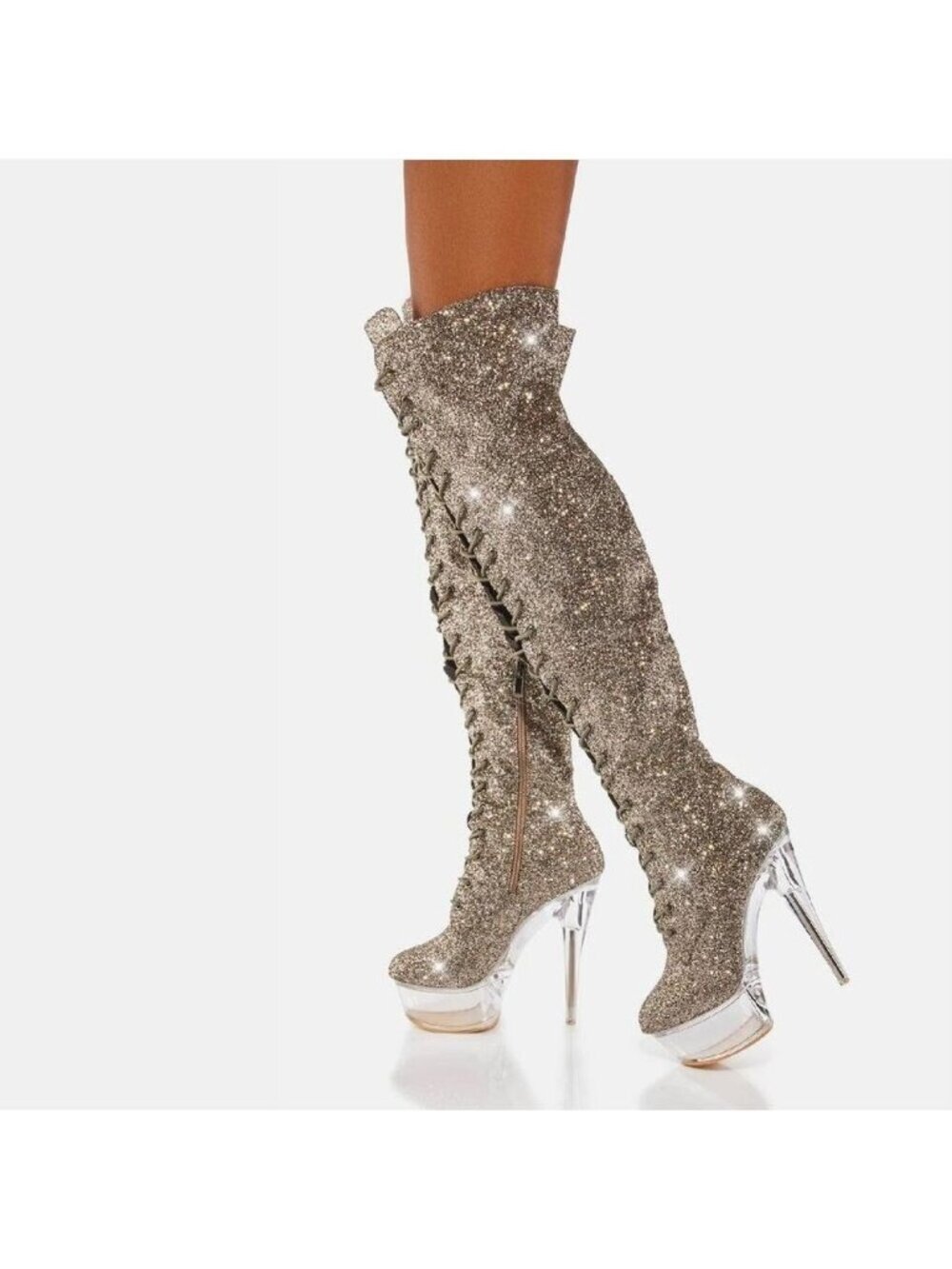 Bulls Silver Glitter Lace Up OTK Platform High Heel Thigh Boot